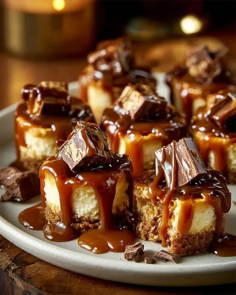 Delicious Caramel Chocolate Cheesecakes topped with drizzled caramel and chocolate