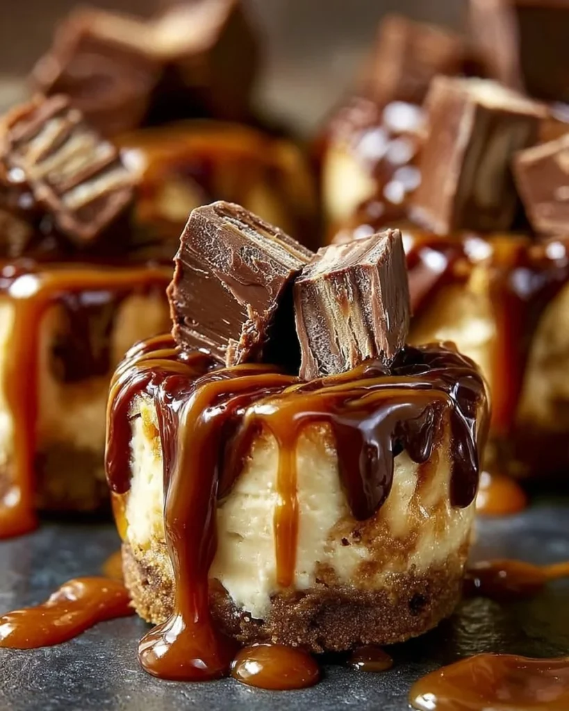 Delicious Caramel Chocolate Cheesecakes topped with creamy caramel and chocolate drizzle