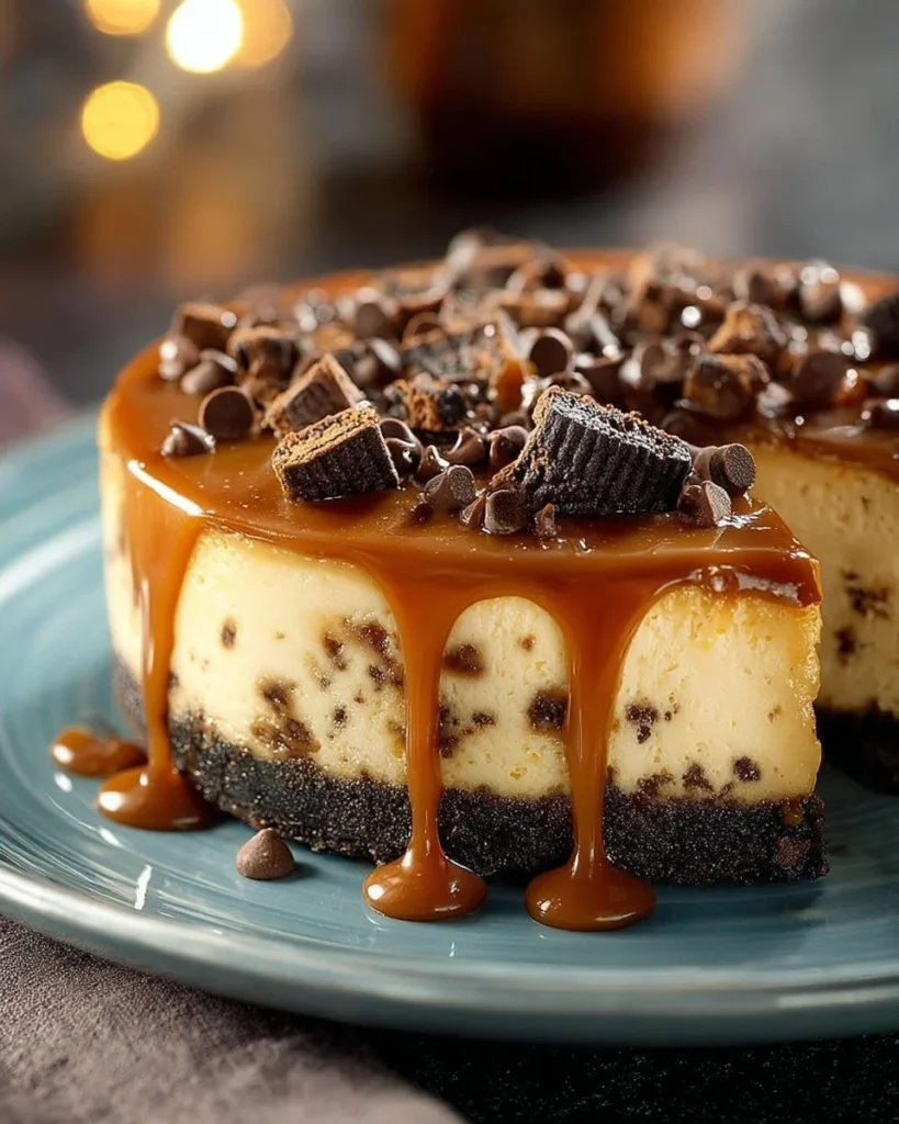 Caramel Chocolate Chip Cheesecake with chocolate chips and caramel drizzle