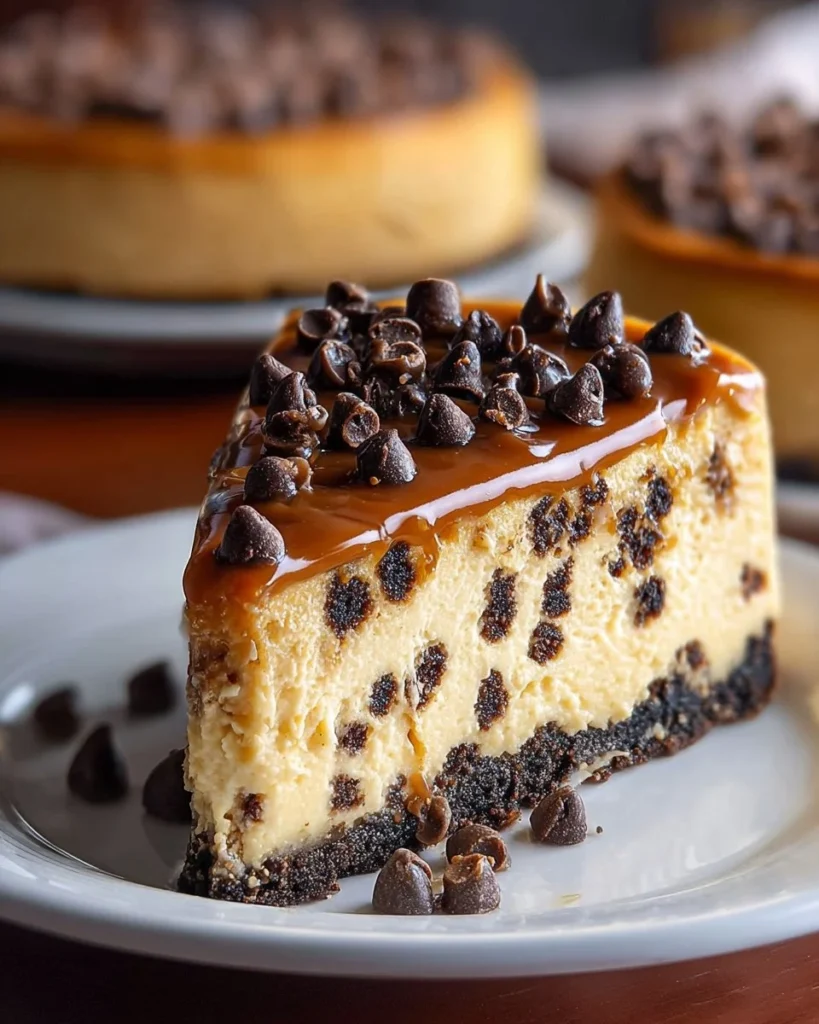 Delicious Caramel Chocolate Chip Cheesecake topped with caramel and chocolate chips