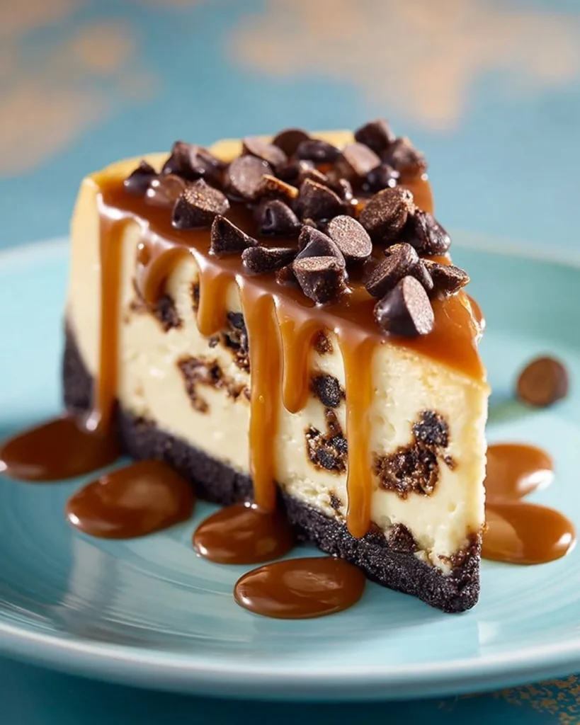 Delicious caramel chocolate chip cheesecake with a rich topping and cookie crumbles.