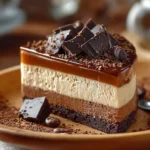 Slice of Caramel Chocolate Coffee Cheesecake on a plate