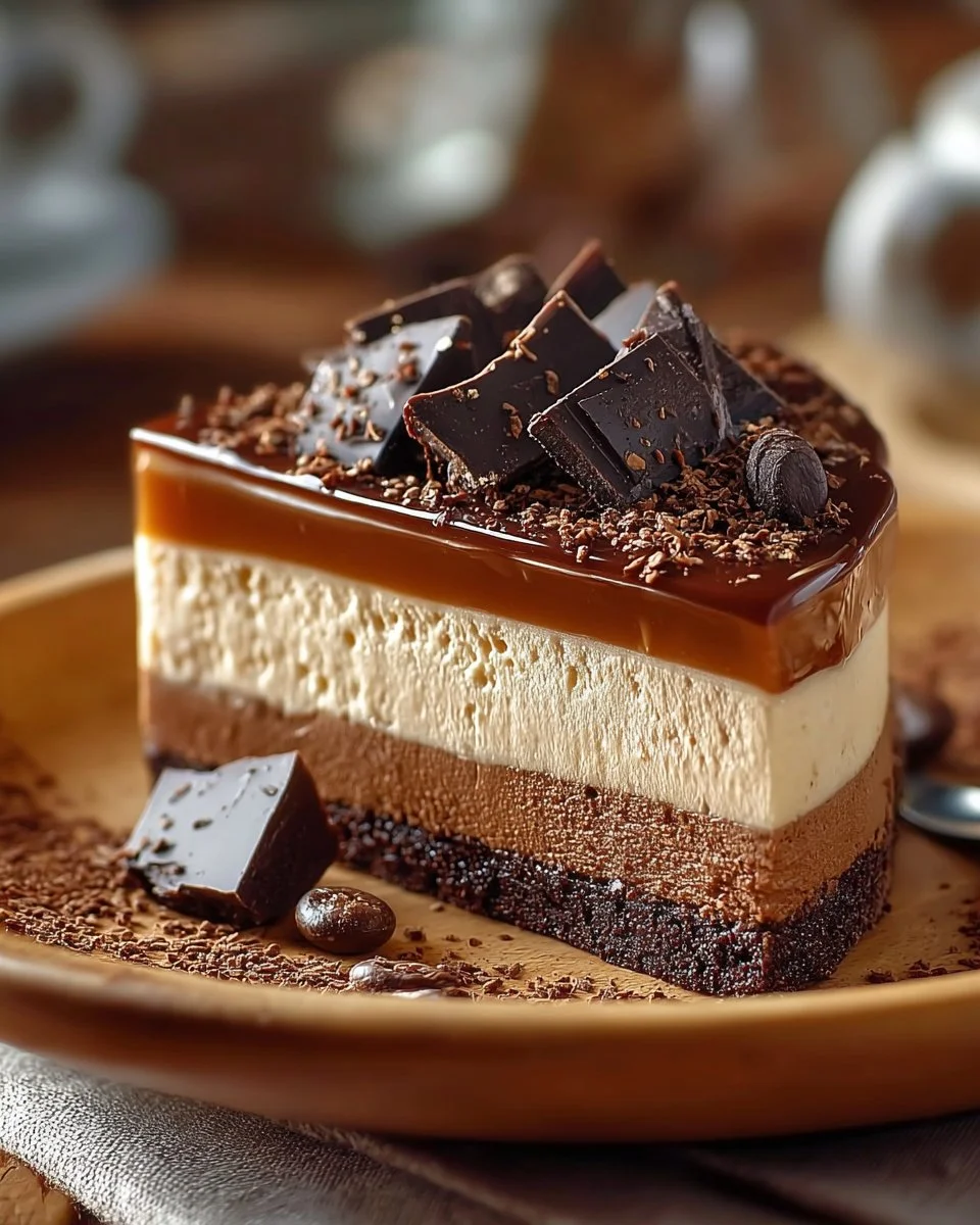 Slice of Caramel Chocolate Coffee Cheesecake on a plate