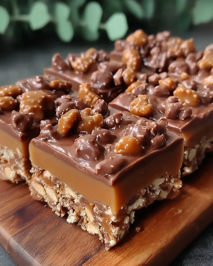 Delicious Caramel Chocolate Crunch Bars stacked for a sweet dessert experience.