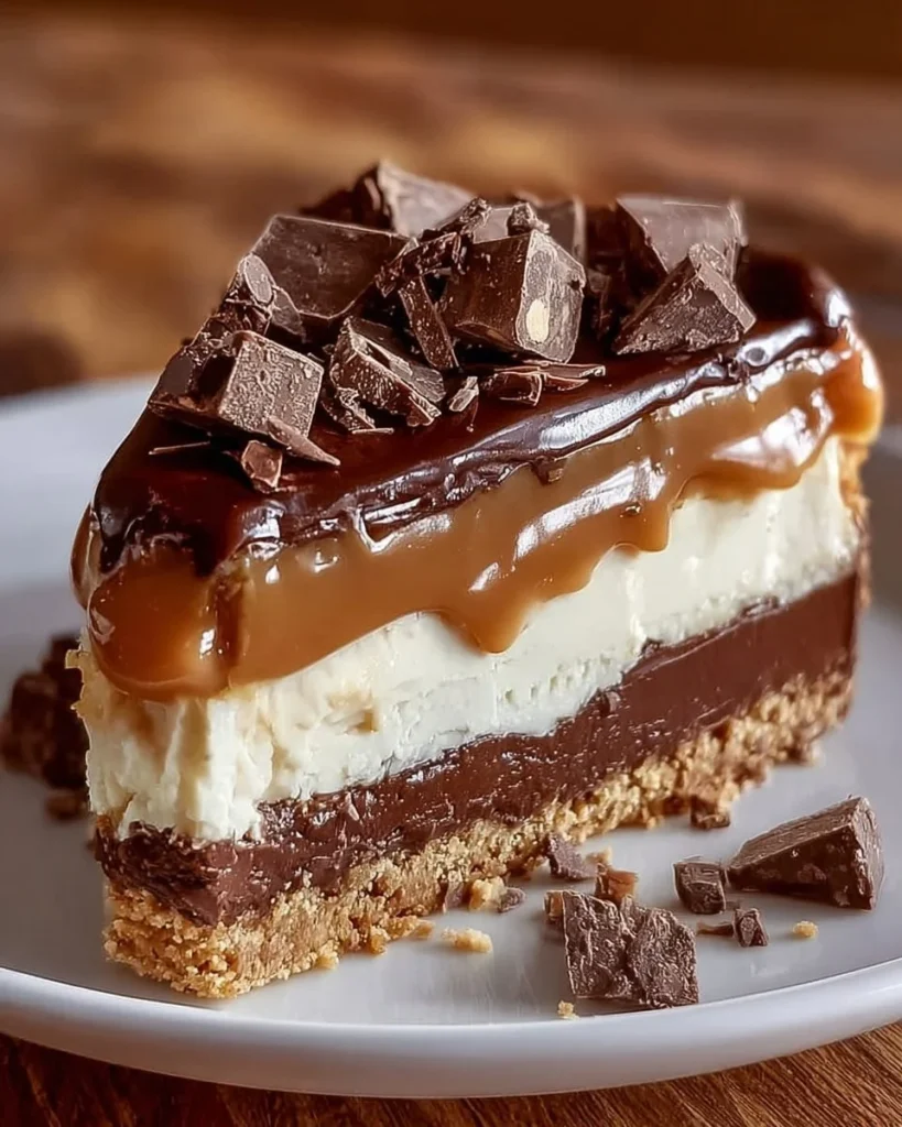 Slice of caramel chocolate no-bake pie on a plate with a fork