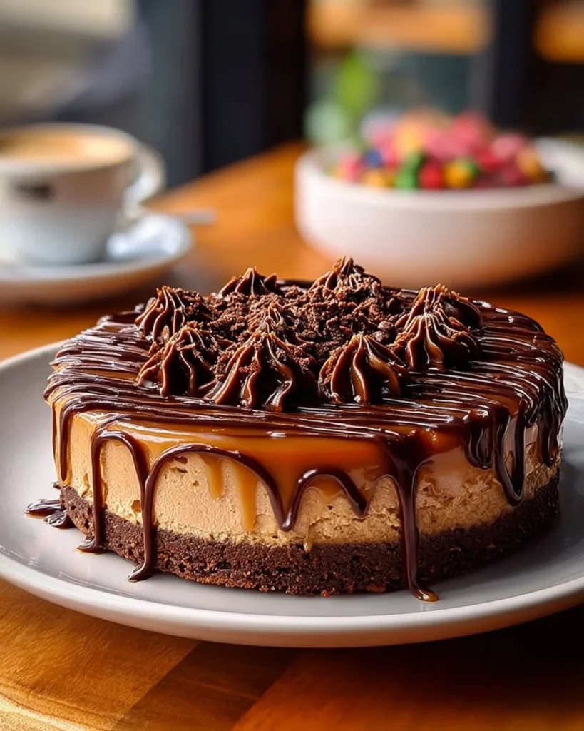 Delicious Caramel Fudge Cheesecake topped with caramel drizzle and fudge pieces