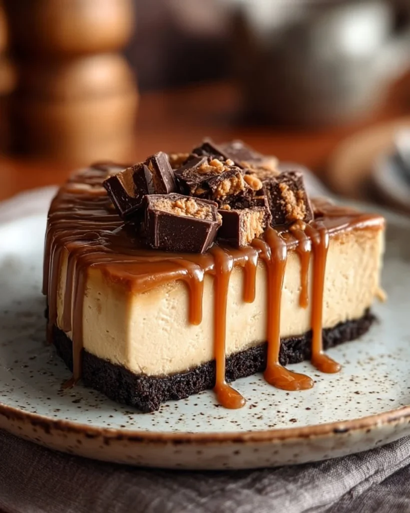 Delicious Caramel Fudge Cheesecake topped with rich caramel sauce