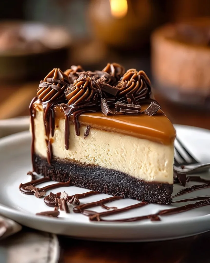 Slice of Caramel Fudge Cheesecake topped with caramel sauce and chocolate shavings.