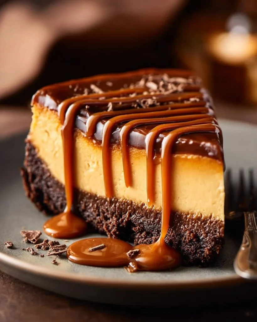 Delicious slice of caramel fudge cheesecake topped with creamy caramel sauce