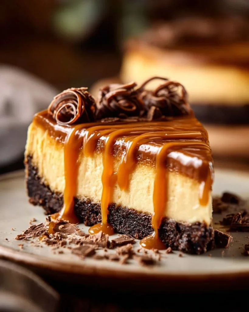 Slice of caramel fudge cheesecake topped with drizzled caramel sauce
