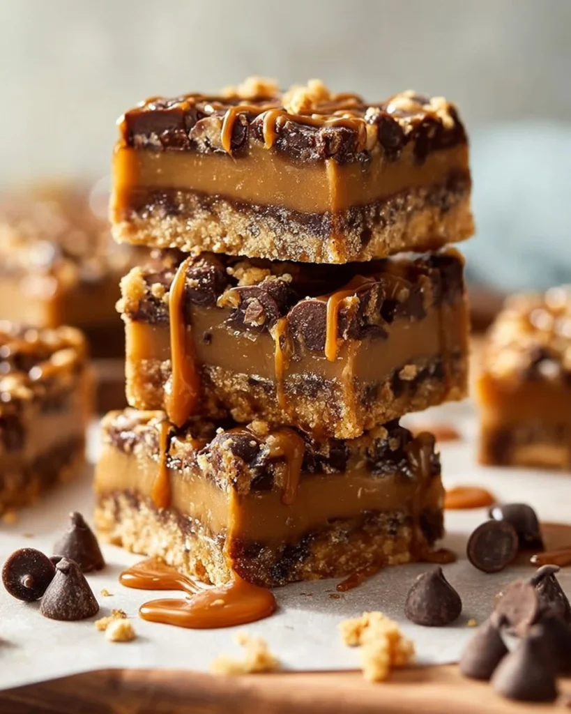 Delicious caramel peanut butter chocolate chip gooey bars on a plate