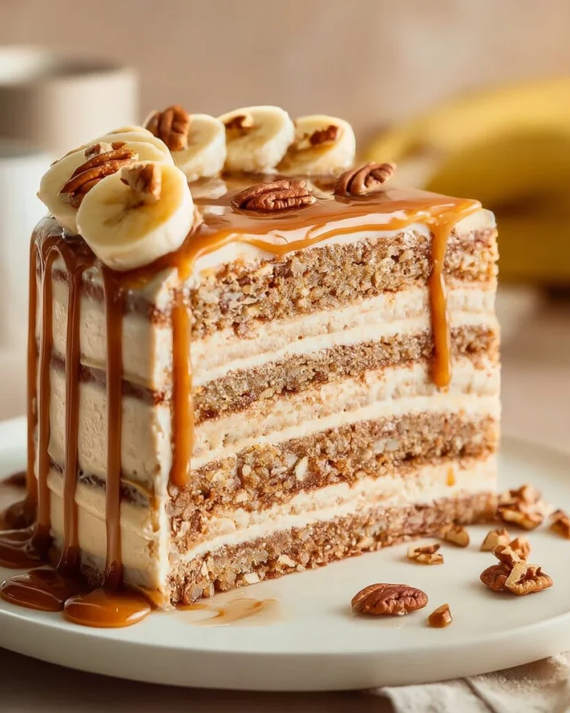 Delicious Caramel Pecan Banana Cake topped with pecans and caramel drizzle