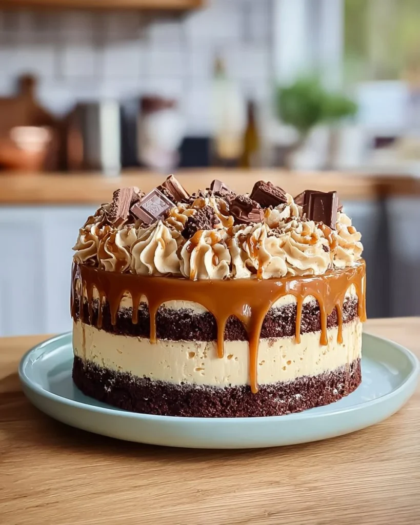 Delicious Caramel Peppermint Crisp Cake with layers of caramel and peppermint.