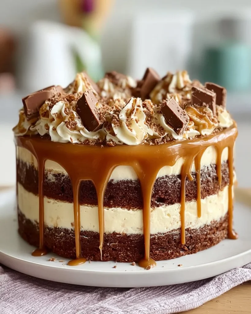 Slice of Caramel Peppermint Crisp Cake topped with festive decorations