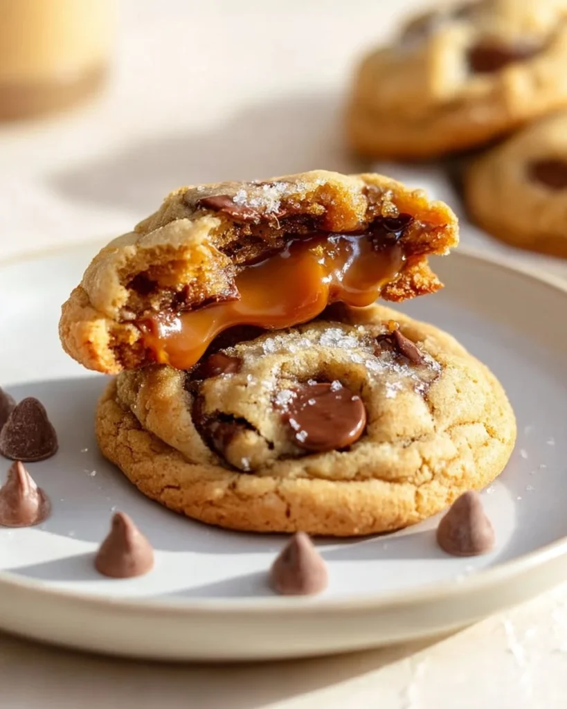Delicious caramel stuffed chocolate chip cookies cooling on a wire rack.
