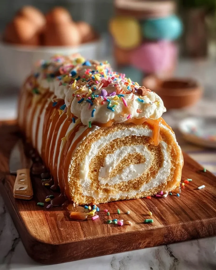 Caramel swirl birthday cake roll decorated for a festive celebration