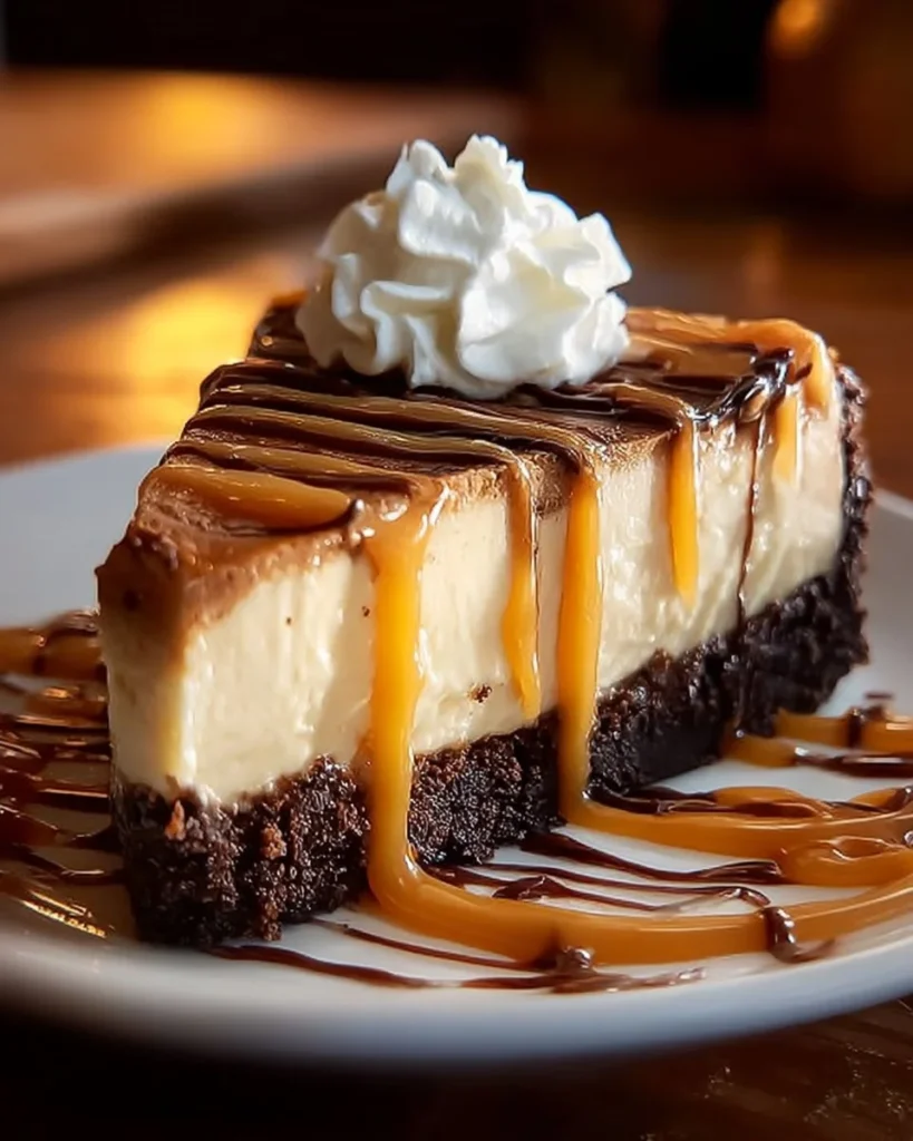 Caramel Swirl Brownie Cheesecake topped with drizzled caramel sauce