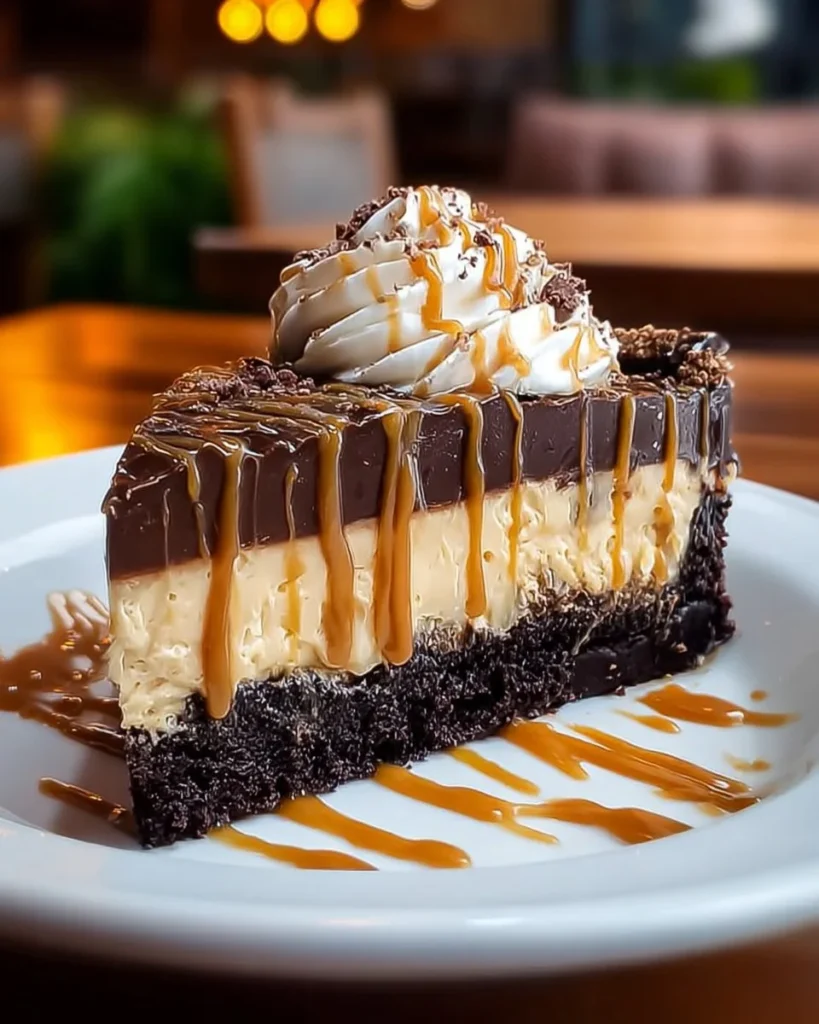 Delicious Caramel Swirl Brownie Cheesecake topped with caramel sauce.