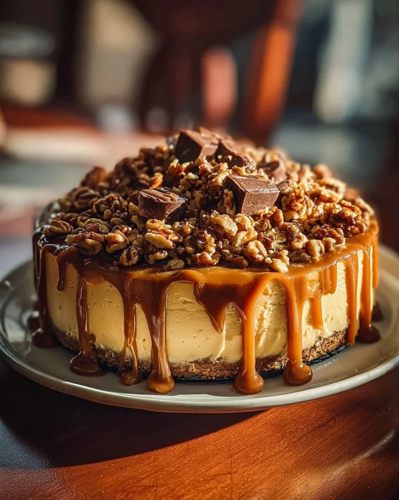 Delicious Caramel Toffee Crunch Cheesecake topped with toffee bits and caramel drizzle.