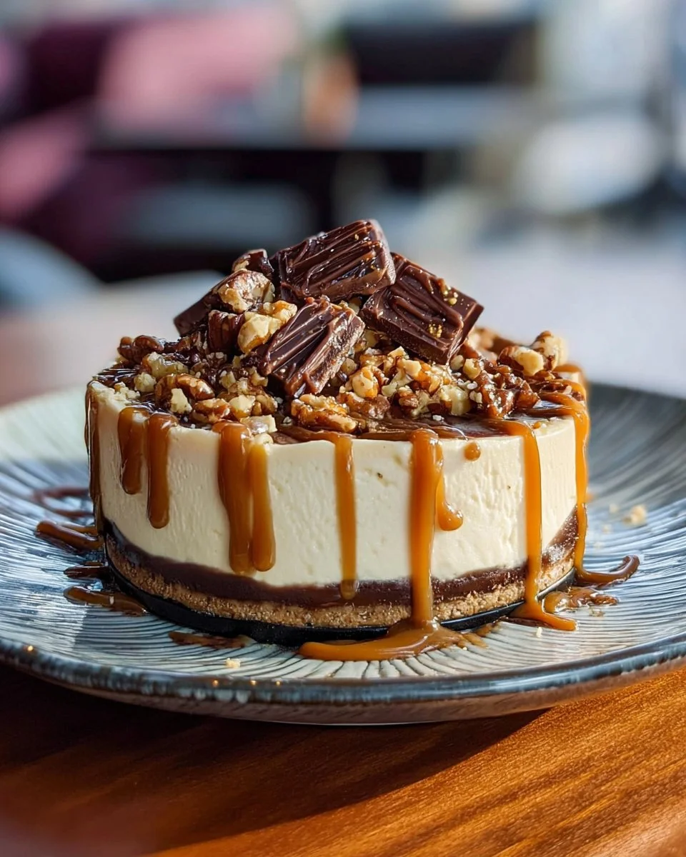 Delicious Caramel Toffee Crunch Cheesecake with layers of toffee and caramel