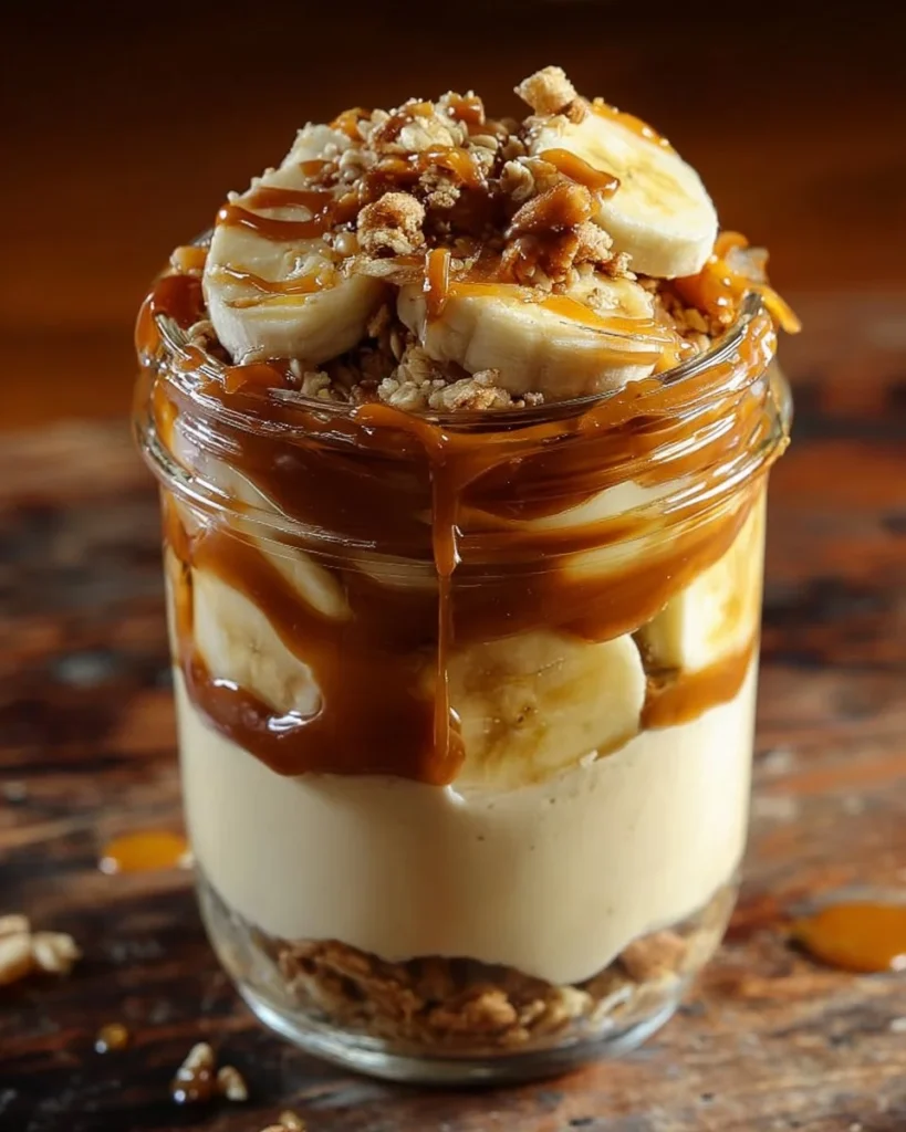 Delicious caramelized banana butterscotch parfait dessert in a glass