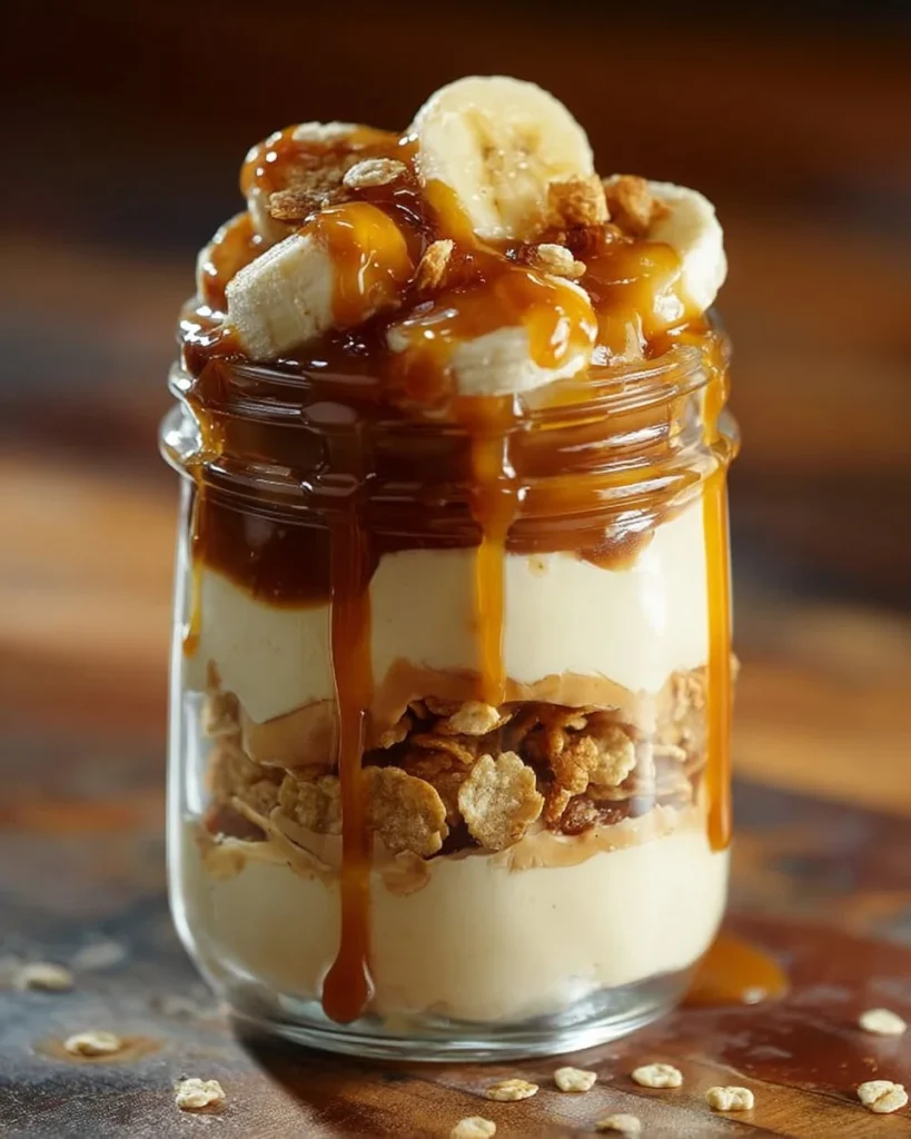 Delicious caramelized banana butterscotch parfait in a glass bowl
