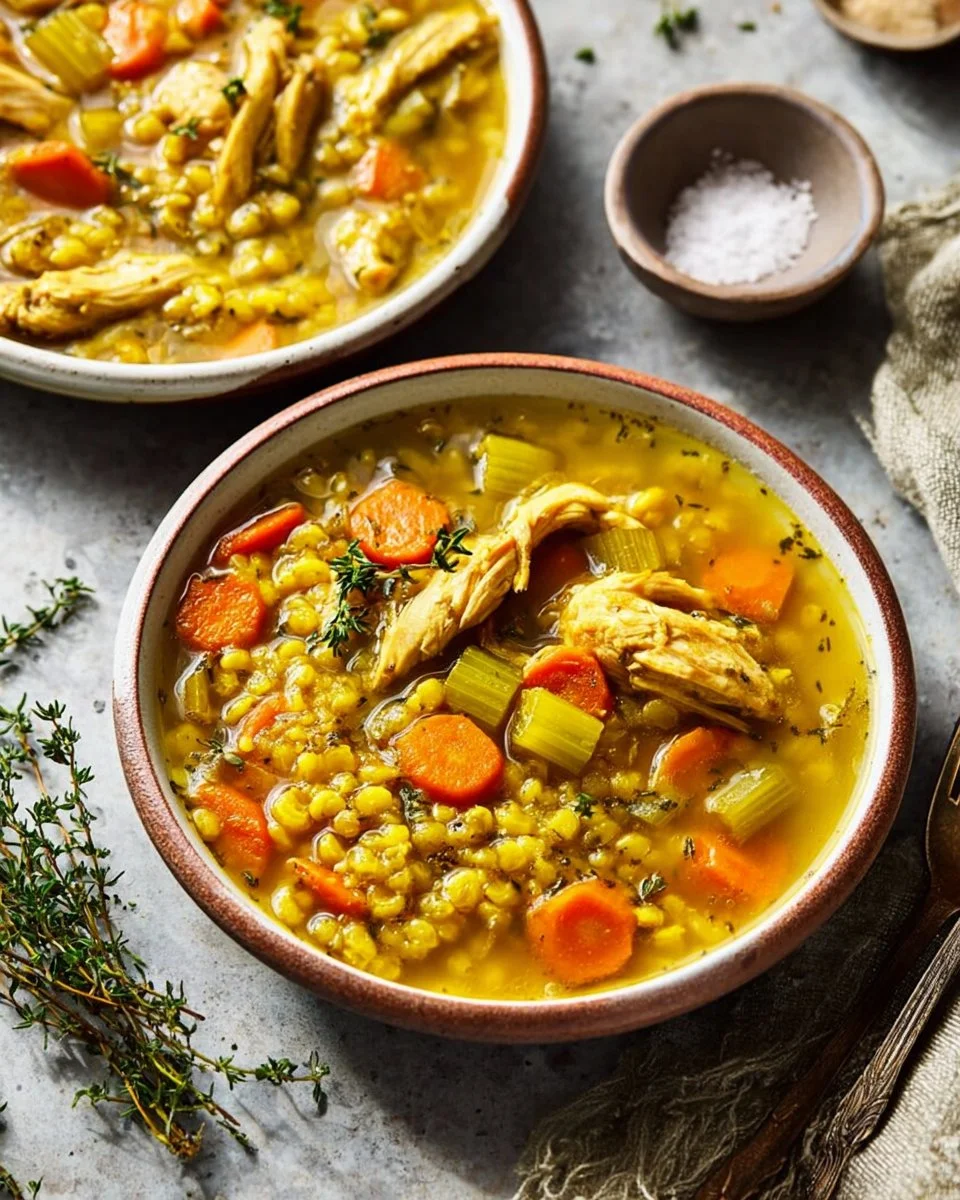 Delicious Caribbean Inspired Curry Chicken Soup in a bowl with herbs and spices.