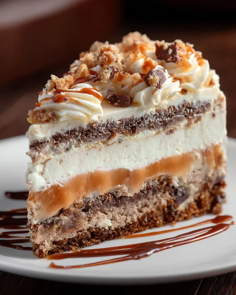 Slice of carrot cake cheesecake topped with cream cheese frosting and walnuts