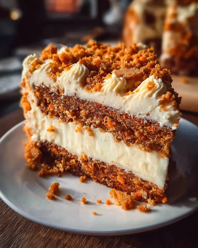 Delicious carrot cake cheesecake with frosting and caramel drizzle