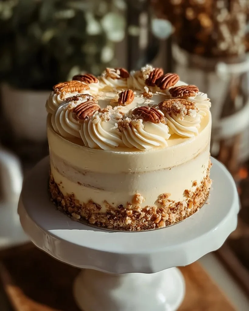 Homemade carrot cake with frosting and walnuts on a plate