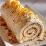 Delicious carrot cake roll with cream cheese frosting on a rustic plate