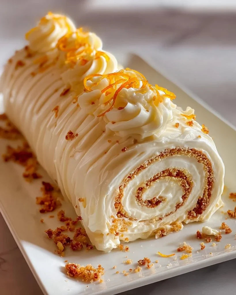 Delicious carrot cake roll with cream cheese frosting on a rustic plate