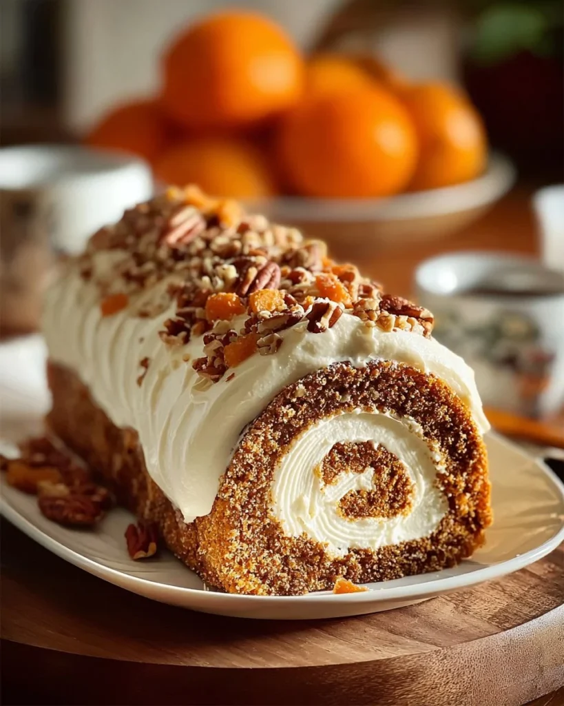 Deliciously rolled Carrot Cake Roll with cream cheese frosting on a serving plate