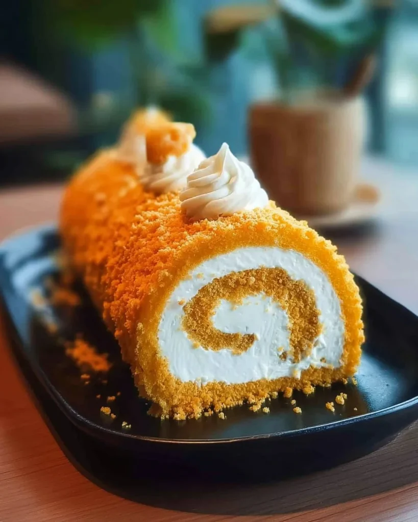 Sliced carrot cake roll with creamy filling on a plate