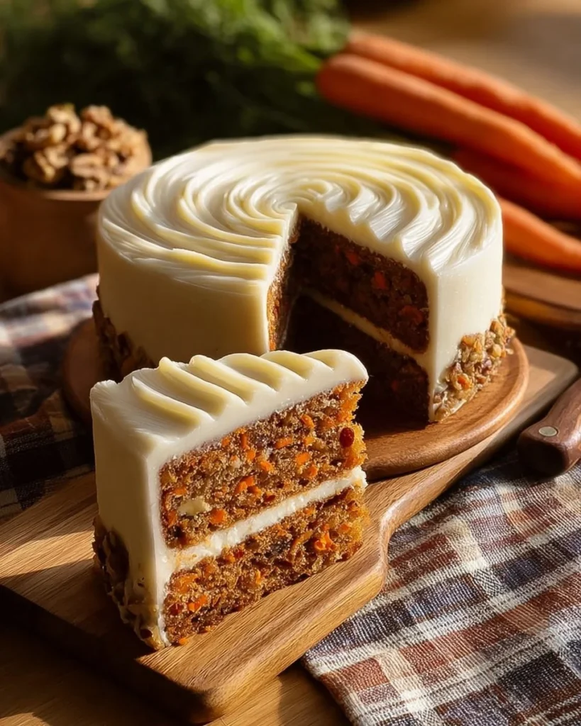 Delicious carrot cake topped with creamy cream cheese frosting