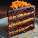 Delicious carrot chocolate slice garnished with nuts and served on a plate.