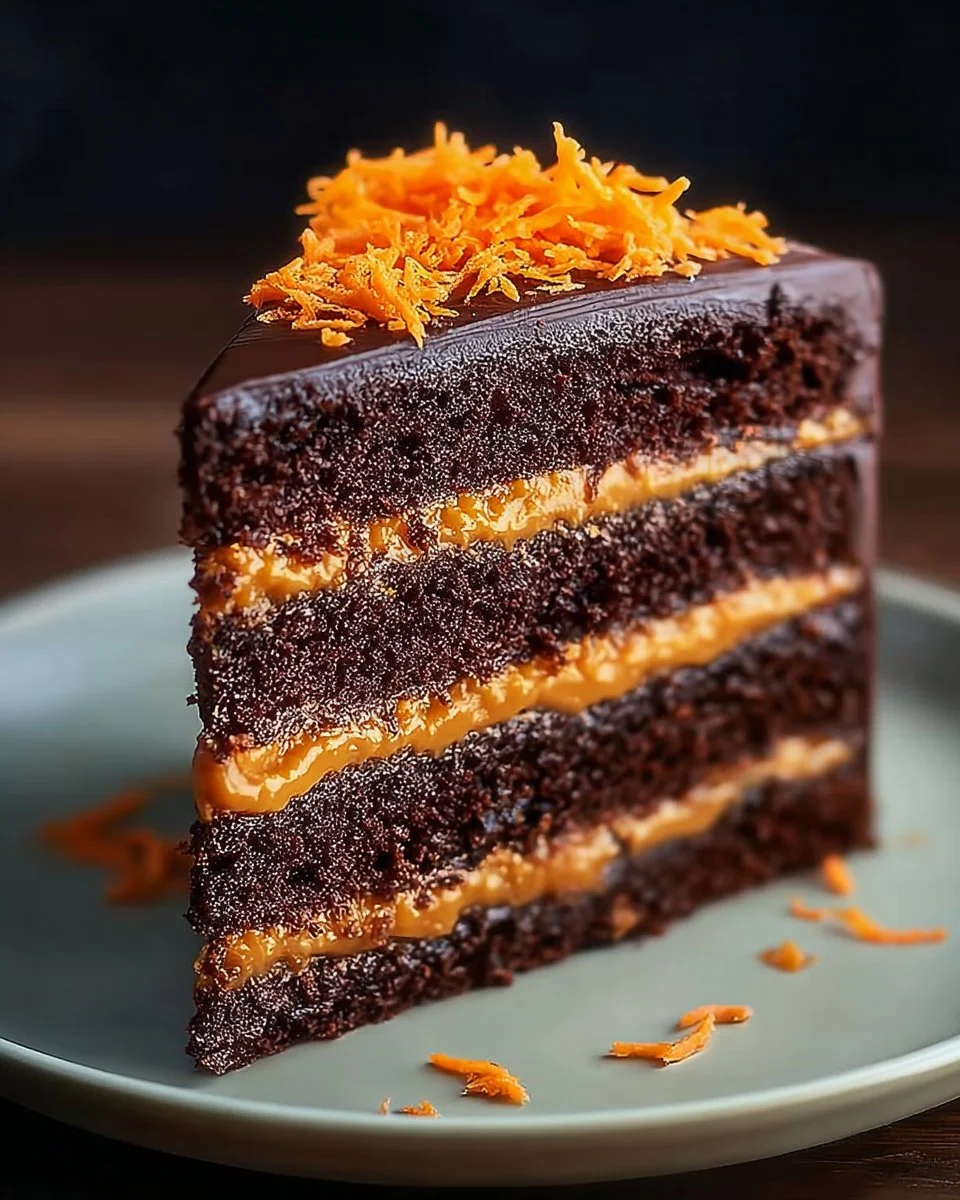 Delicious carrot chocolate slice garnished with nuts and served on a plate.