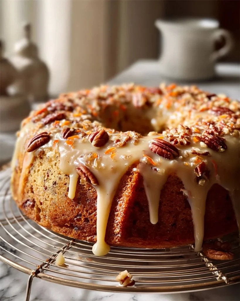 Carrot pound cake with maple glaze and pecans served on a plate