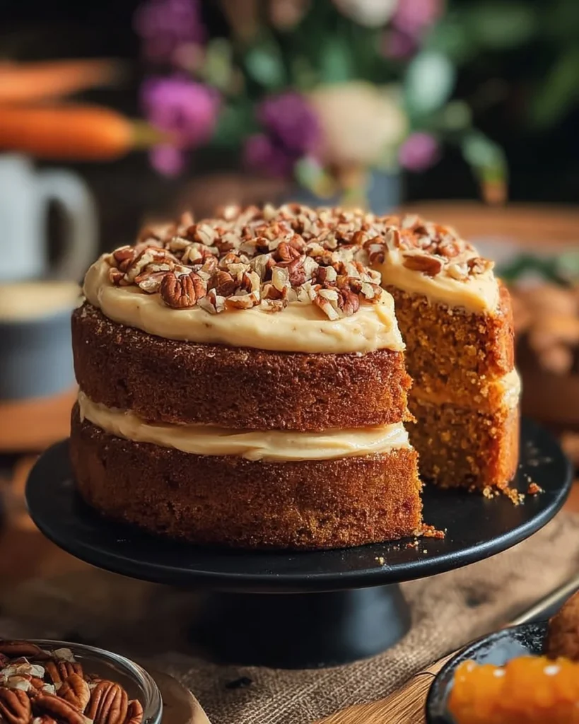 Delicious slice of homemade Carrot Walnut Cake with cream cheese frosting