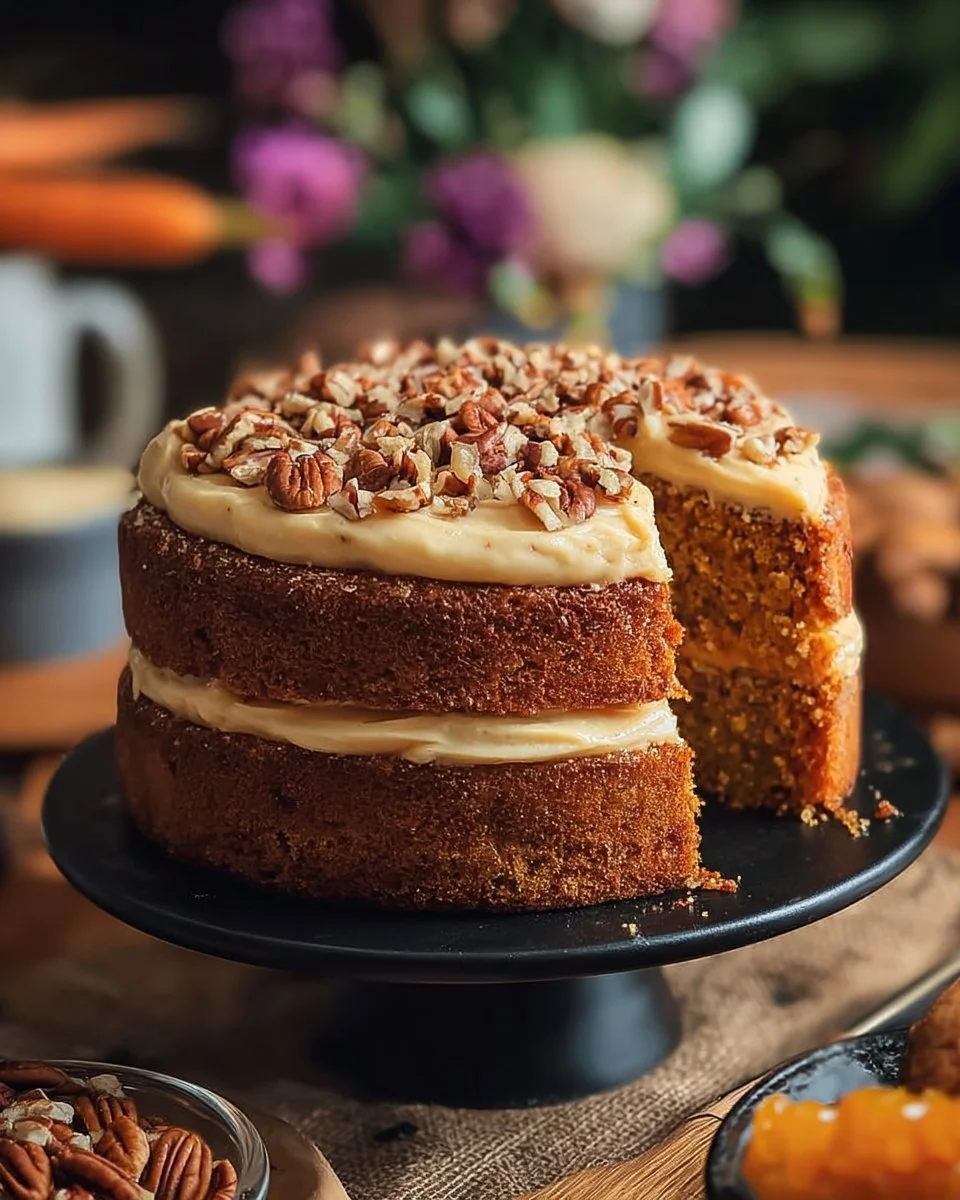 Delicious slice of homemade Carrot Walnut Cake with cream cheese frosting