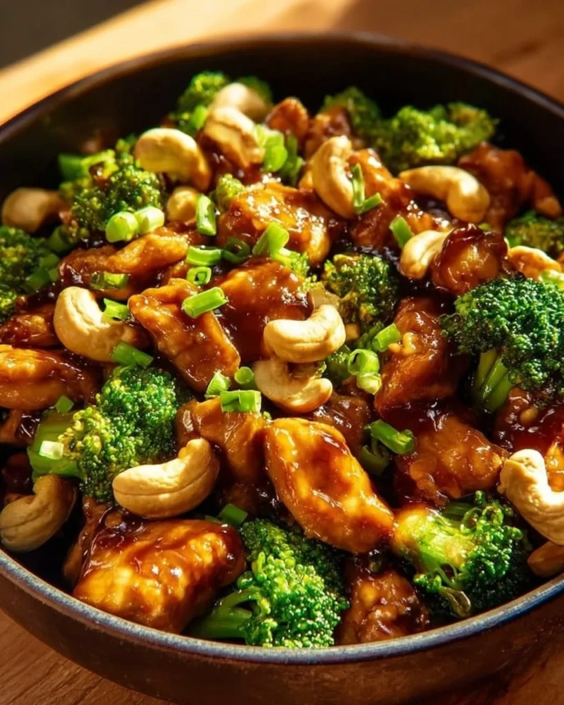 Delicious cashew chicken and broccoli stir fry served in a bowl