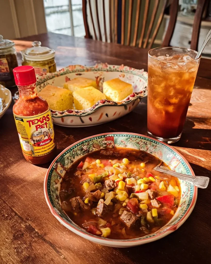 Delicious catfish stew served with cornbread in a bowl