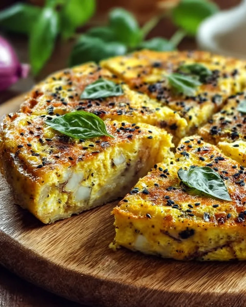 Savory cauliflower cake topped with Pecorino Romano cheese and basil