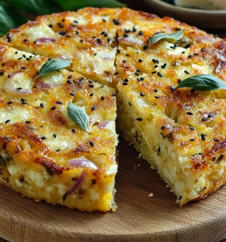 Savory cauliflower cake topped with Pecorino Romano and fresh sweet basil