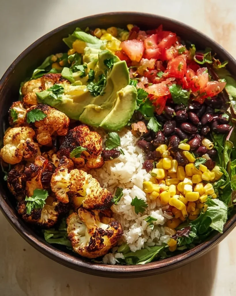 Healthy Cauliflower Rice Bowl topped with fresh vegetables and protein.