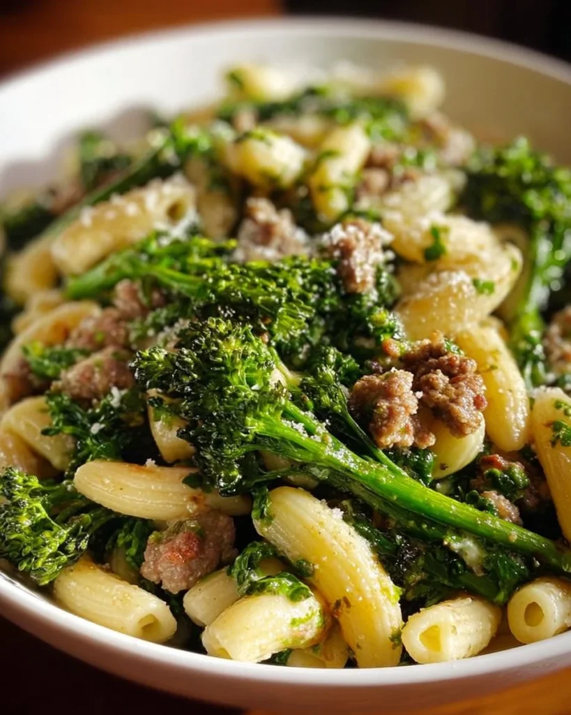 Cavatelli Pasta with Broccoli Rabe and Sausage served in a bowl