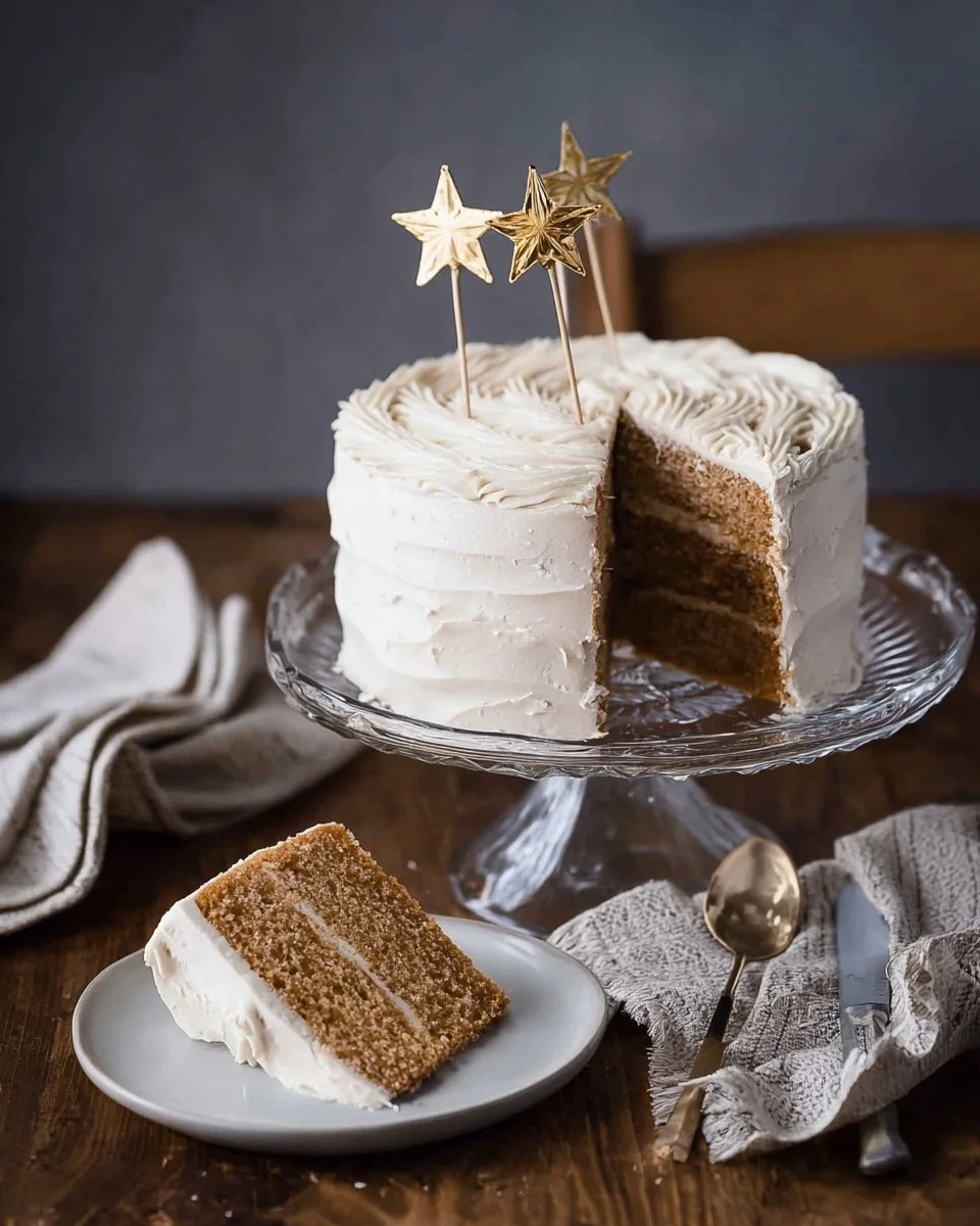 Chai spice cake with vanilla buttercream frosting on a decorative plate