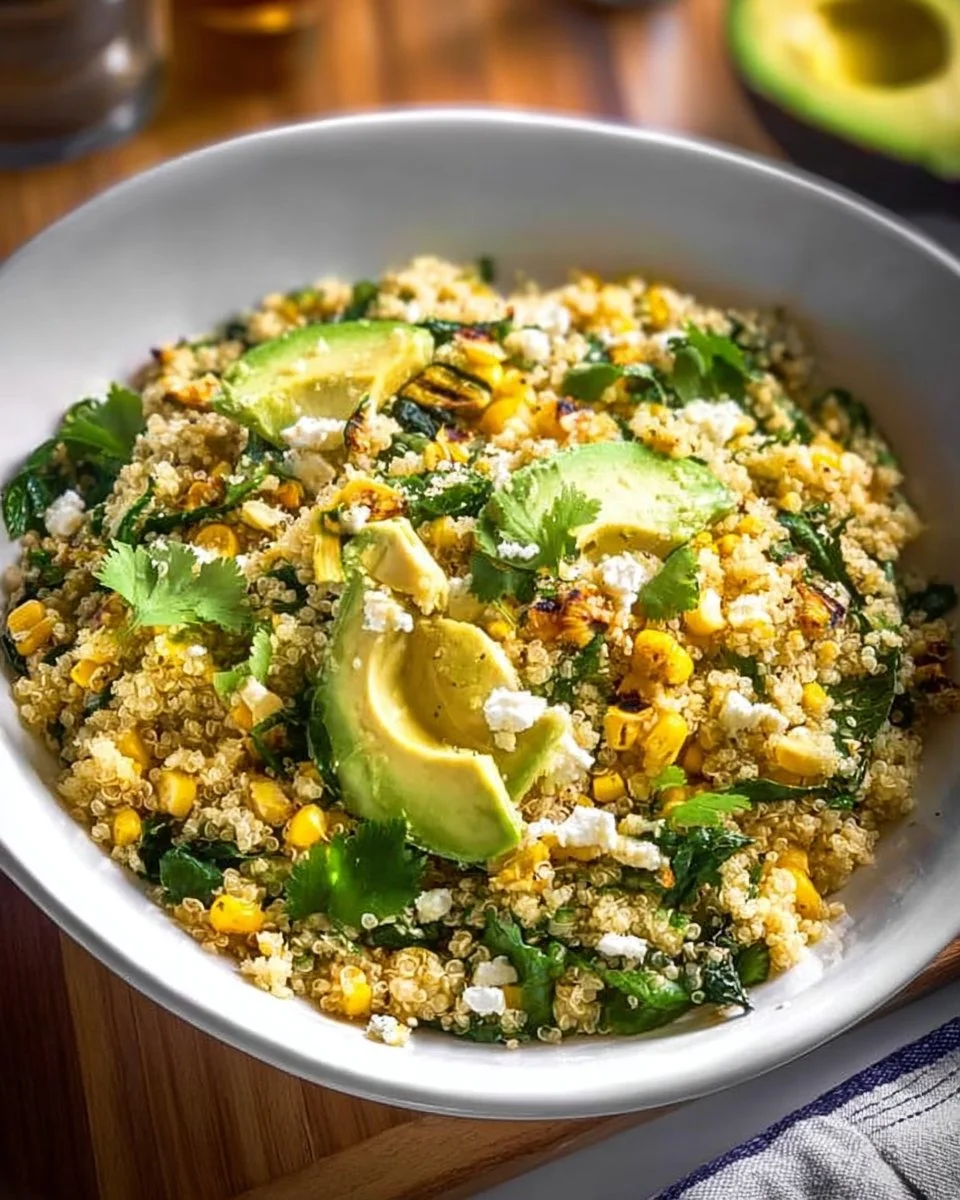 Charred corn avocado quinoa salad served with lime-cilantro dressing