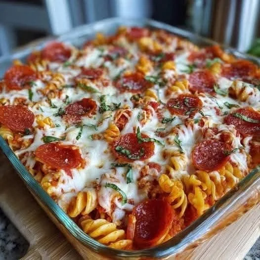 Cheese Pasta Pepperoni Pizza Casserole topped with melted cheese and pepperoni slices