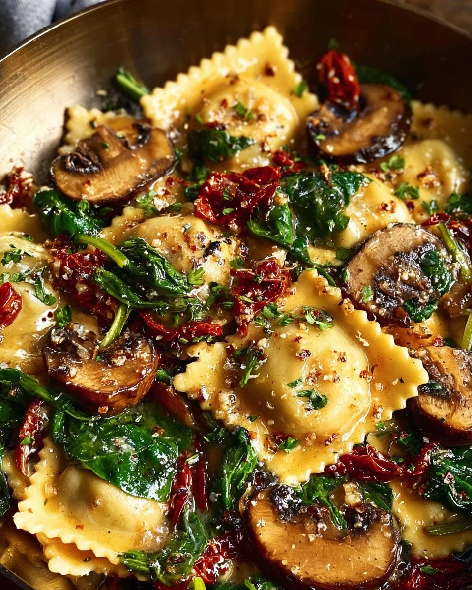 Cheese ravioli with spinach, mushrooms, and sun-dried tomatoes on a plate